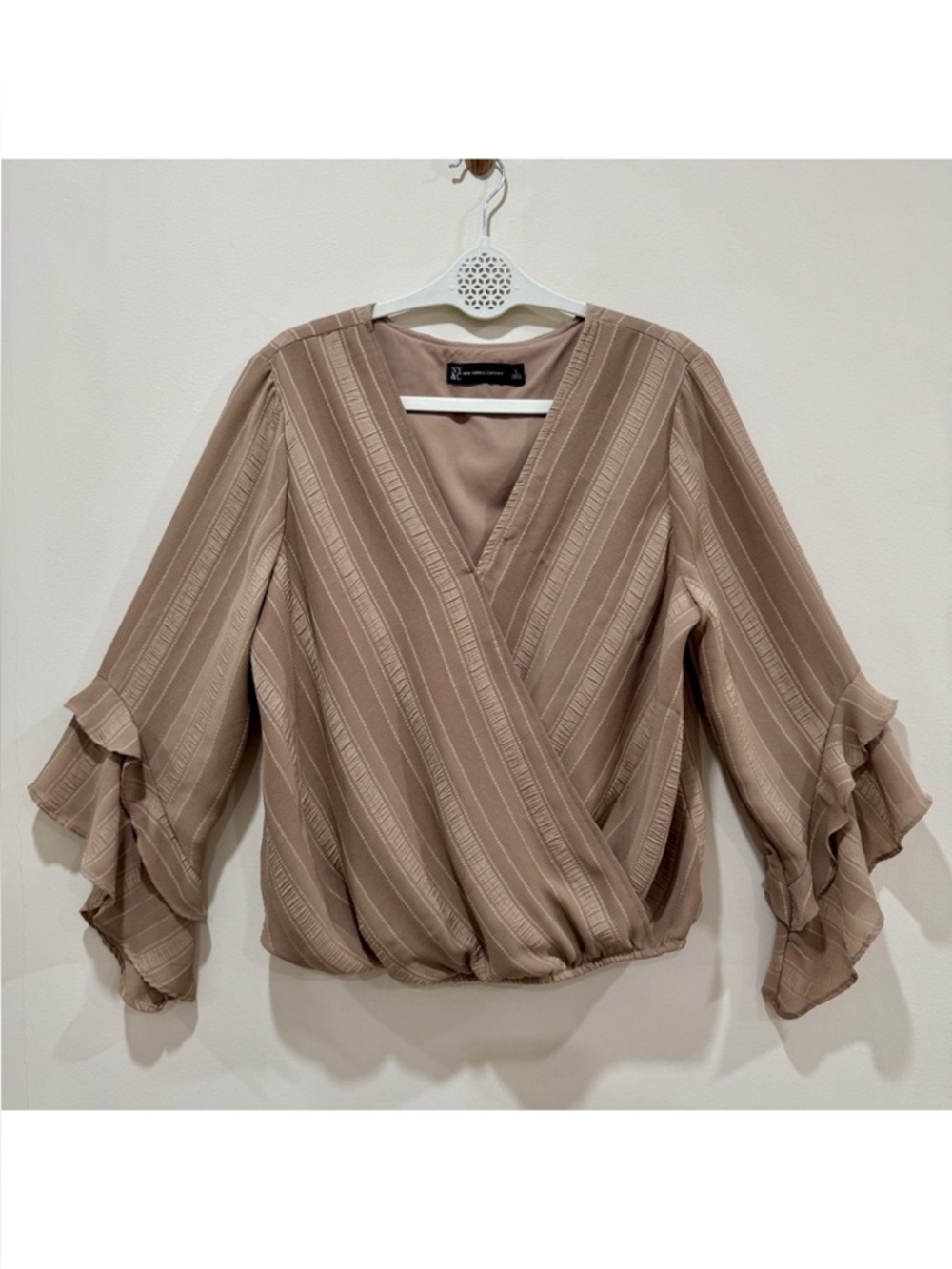 New York & Company Flare Sleeve Faux Wrap Blouse with Ruffle Sleeves Boho Size L